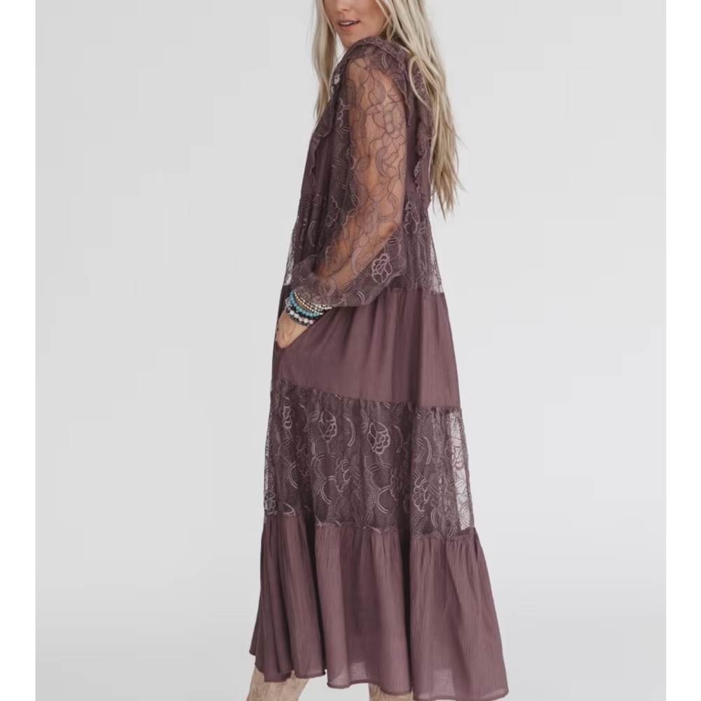 Elegant Lace Overlay Dress in Brown - Picture 2 of 5